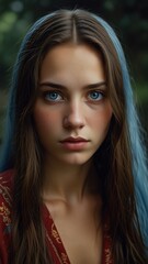 Obraz premium A girl with blue hair and a blue hair is shown in a black and white photo.