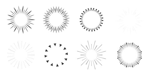 Set Fireworks, rays, sunburst frames circle border decoration, sparkle in doodle style, line sketch explosion isolated on white background.