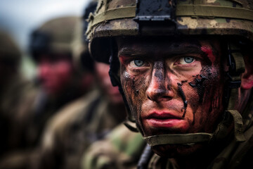 Obraz premium Generative AI illustration of soldier portrait in uniform and protective helmet