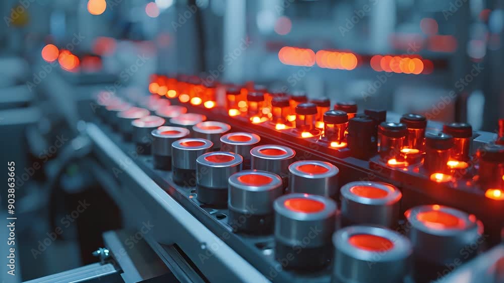 Poster close-up of an automated production line with glowing red components moving on a conveyor belt.