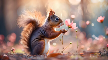 Obraz premium Cute squirrel offering a flower gift to its lover, fun wildlife, love and Valentine's day greeting card