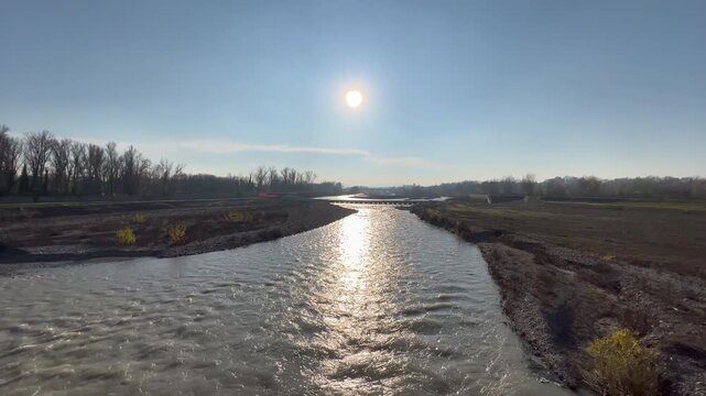 panorama of the river enza in reggio emilia with vegetation and stream, high quality 4k video