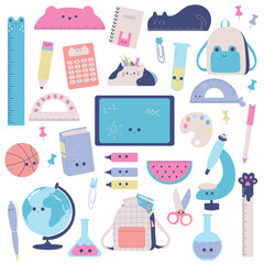 Hand drawn set of school supplies characters with smiling faces in kawaii style. Back to school cute concept.