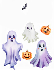 Obraz premium Set of cute watercolor Halloween's Day elements. Isolated on white background. Can be used for Halloween's day, greeting cards and invitations. Hand drawn watercolor illustration.