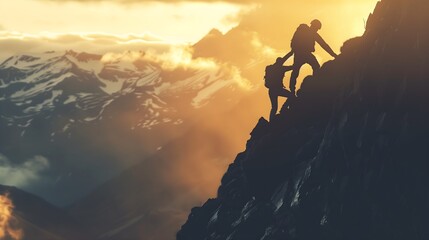 Rugged Mountain: Two Climbers at Sunrise. Friendship's day concept.