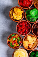 Group of dried and candied fruit in bowl