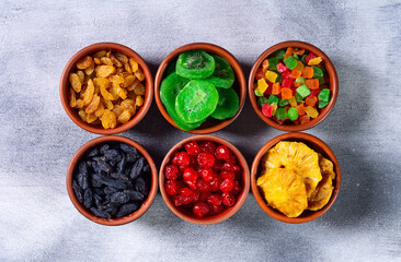 Group of dried and candied fruit in bowl