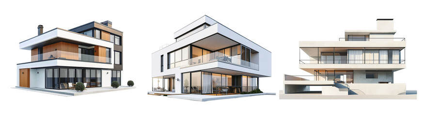 set of modern houses on isolated transparent background