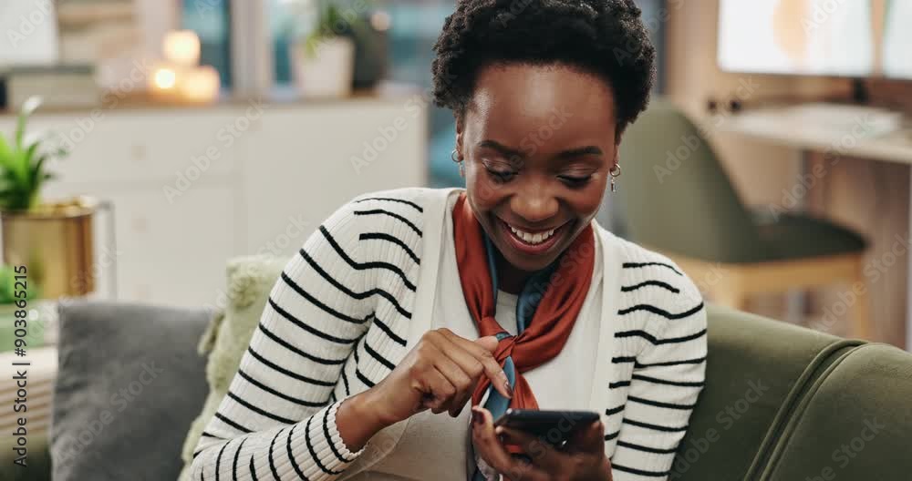 Wall mural African woman, phone and happy in home living room with reading, update and meme with mobile app. Person, smartphone and smile on sofa for contact, notification and click for video, post and chat