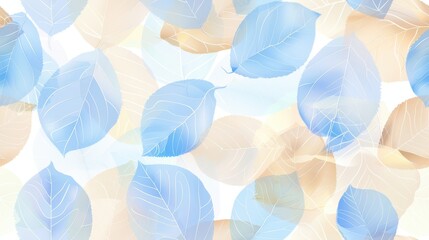 Seamless pattern of golden and blue leaves on a beige background. Suitable for elegant and nature-themed designs and textiles.