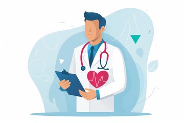 Male doctor with clipboard and medical icons symbolizing healthcare diagnostics and patient care.