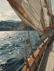 Fototapeta premium A sailboat glides across the open ocean waves