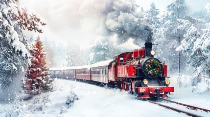 Vintage steam train moving through a snowy winter landscape with a decorated Christmas tree.