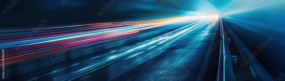 Poster a dynamic and colorful representation of light trails on a highway, showcasing speed and modern tran