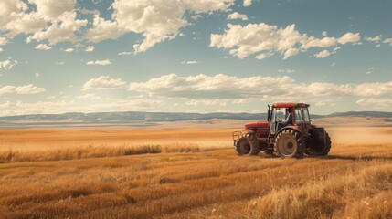 A red tractor works through a golden wheat field, surrounded by rolling hills and a bright sky filled with fluffy clouds.