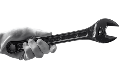 A gloved hand holding an adjustable wrench against  isolated transparant background. The white glove contrasts with the metallic wrench, which shows signs of use, Png