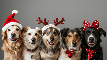 Four Bull Terrier puppies in silly hats in front of the Christmas tree Cute Pembroke welsh corgi dogs