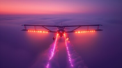 Plane Flying Through Clouds at Sunset