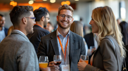 Professionals engaging in conversation at a business networking event, holding drinks and wearing name tags.