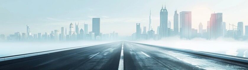 Fototapeta premium A long, empty road stretches towards a misty city skyline illuminated by the soft glow of dawn.