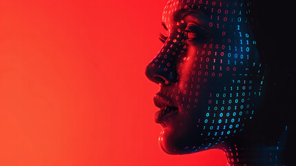 AI woman, binary code, copy space