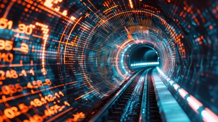 Hightech tunnel with declining graphs, stock market drop, financial chaos