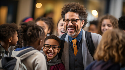 Obraz premium Teacher and students greet each other excitedly. Elementary school educator smiling at the camera as his class embraces him, photography.