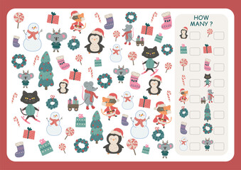 Christmas theme counting game How Many. Educational game for children, children preschool and school age. Counting game with characters for Christmas time.