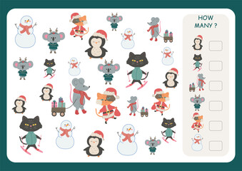 Christmas theme counting game How Many. Educational game for children, children preschool and school age. Counting game with characters for Christmas time.