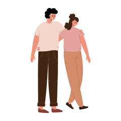 Happy young couple walking. Love couple dating and hugging. A happy man and woman are smiling. Flat vector illustration on white background.