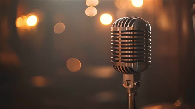 A vintage microphone on a stage with a blurred background of lights.  The microphone is ready for a performance.  A classic symbol of music and entertainment.