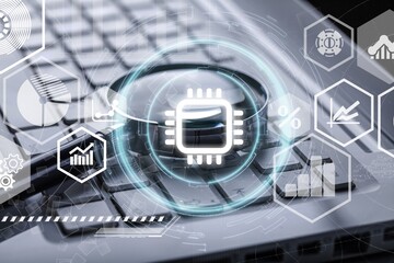 A person typing on laptop with AI technology