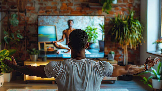 A man doing yoga in front of the TV, watching an online workout video with her back to us. The screen shows an energetic fitness coach leading various exercises in the style of toward the camera