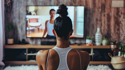A woman doing yoga in front of the TV, watching an online workout video with her back to us. The screen shows an energetic fitness coach leading various exercises in the style 