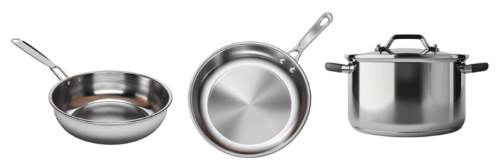 Metal saucepan with lid and frying pan of different shapes, a set of three types of dishes, insulated , cut-out background
