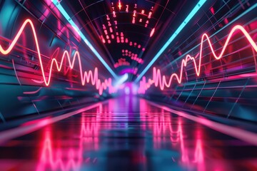 Neon tunnel with descending lines, price drop, market volatility
