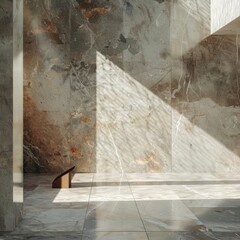 Minimalist interior design with marble wall and sunlight