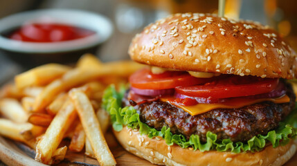 Close-up of a juicy cheeseburger with fresh lettuce, tomato, and cheese, served with crispy golden fries on the side.