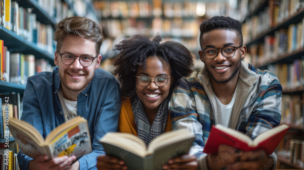 Poster three diverse students reading books together in a library, smiling and enjoying their study session