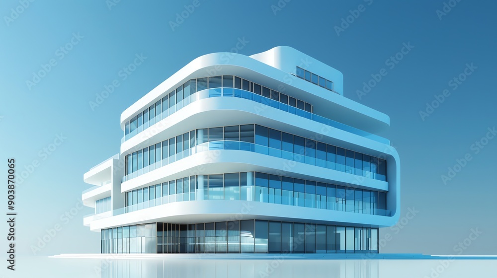 Poster a modern, white building with rounded edges and large windows.