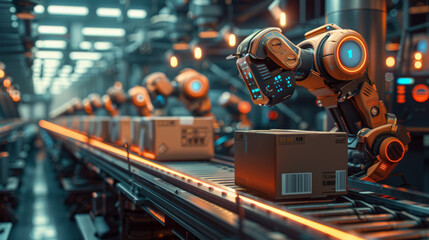 Robotic arms working on an assembly line in a high-tech packaging factory, showcasing automation in manufacturing.