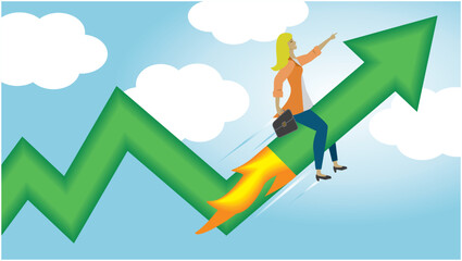Woman flying on up going arrow in high speed. Dimension 16:9. Vector illustration.