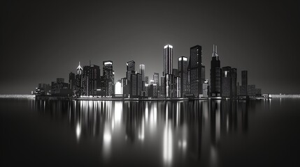 Fototapeta premium A black and white cityscape with tall buildings reflecting in the water.