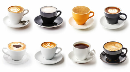 "Collection of various coffee cups, each individually photographed against a white background."
