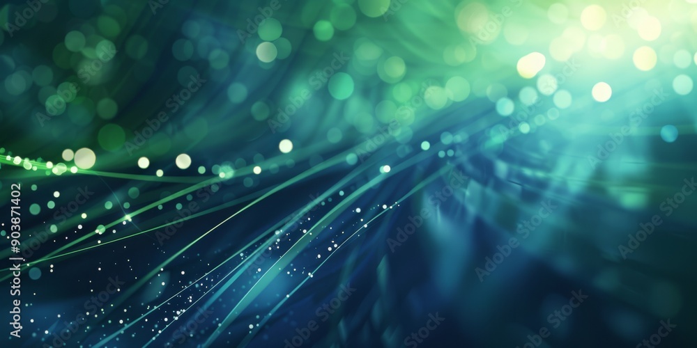 Poster abstract image with green and blue light streaks, dots, and bokeh effect creating a dynamic backgrou