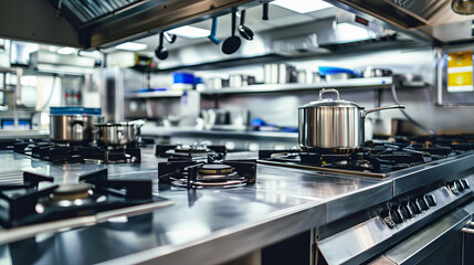 "Interior of a commercial kitchen featuring a variety of modern appliances and utensils, designed for efficient and high-volume food preparation."