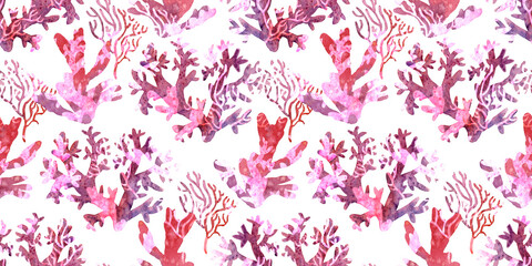 Marine seamless pattern red corals, plants, animals. Watercolor illustration Underwater background. Ocean nature. On white. For fabric, wrapping paper, wallpaper print decor. Summer vibes, Sea bottom
