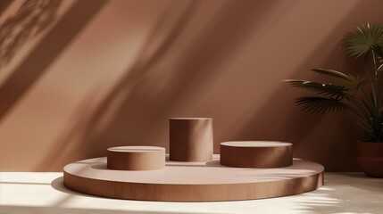 Three Minimalist Red Toned Round Podiums for Product Presentation on Empty Background. Ideal for E-commerce and Advertising Displays, Showcasing Minimalist Style and Elegance