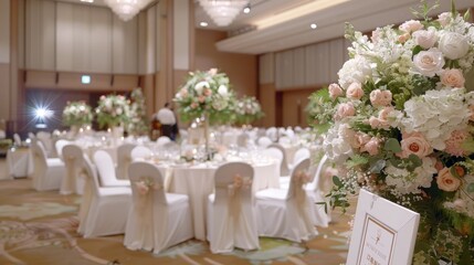 Tables are elegantly set for a wedding reception featuring fresh flowers and beautifully arranged decorations in a rustic venue