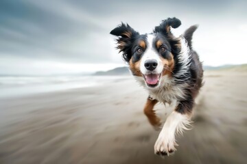 A happy dog runs along the beach, showcasing its playful spirit against a blurred coastal background.